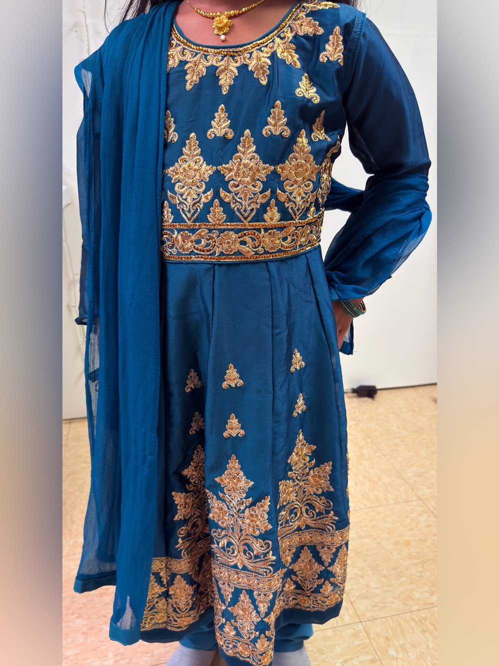 3 piece Girls Teal Blue Embroidered Anarkali Dress with Dupatta